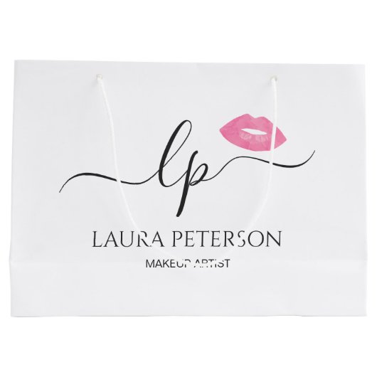 ピンクエレガントク唇の手書き筆跡 ラージペーパーバッグ (裏面)