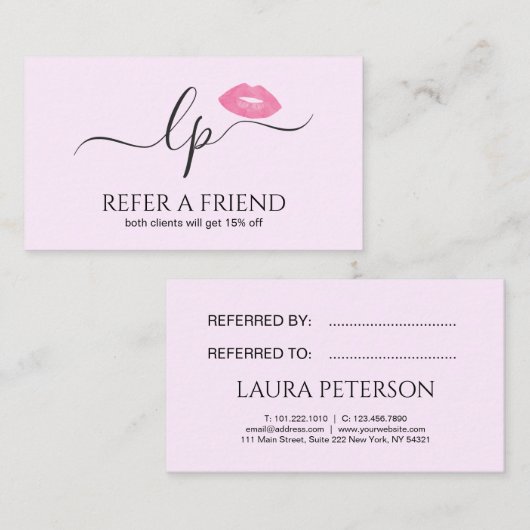 ピンクエレガントク唇の手書き筆跡 紹介カード (正面/裏面)