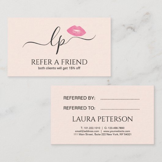 ピンクエレガントク唇の手書き筆跡 紹介カード (正面/裏面)