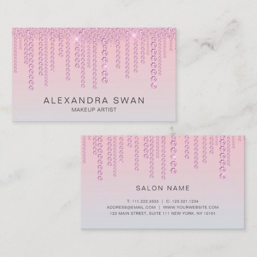 ピンクエレガントグラデーションとブルーのダイヤモンドのメイクアーティスト 名刺 (正面/裏面)