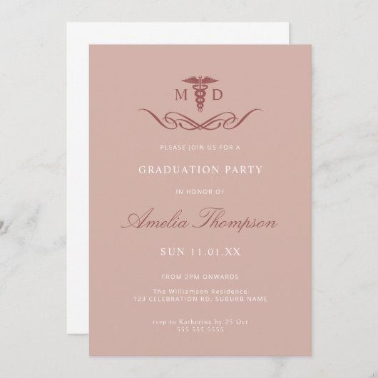 ピンクエレガントグラードパーティー医学博士卒業 招待状 (正面/裏面)