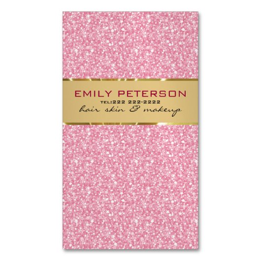 ピンクエレガントグリッターと金ゴールドアクセント マグネット名刺 (正面縦)