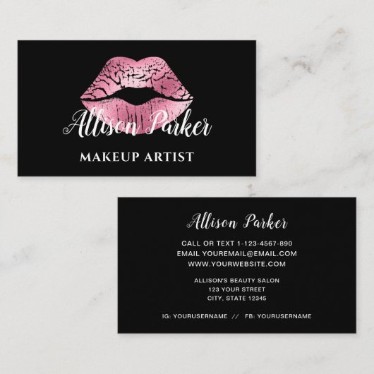 ピンクエレガントグリッターキスメイクアップアーティスト 名刺 (正面/裏面)