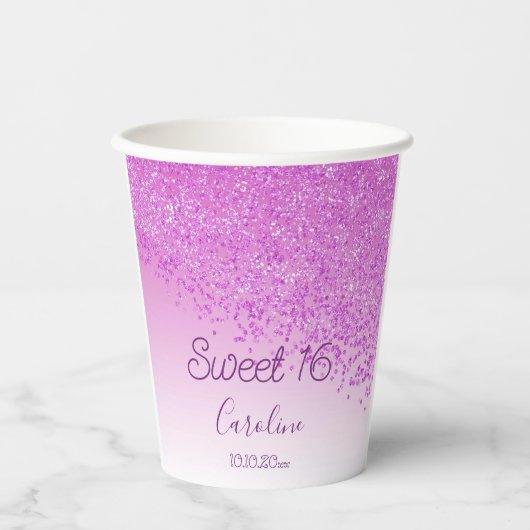 ピンクエレガントグリッタースウィート16誕生日 紙コップ (正面)