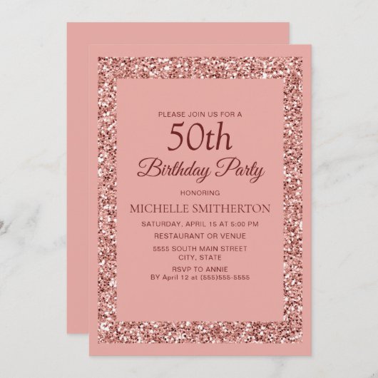 ピンクエレガントグリッタースパークルウィメンズ50誕生日 招待状 (正面/裏面)