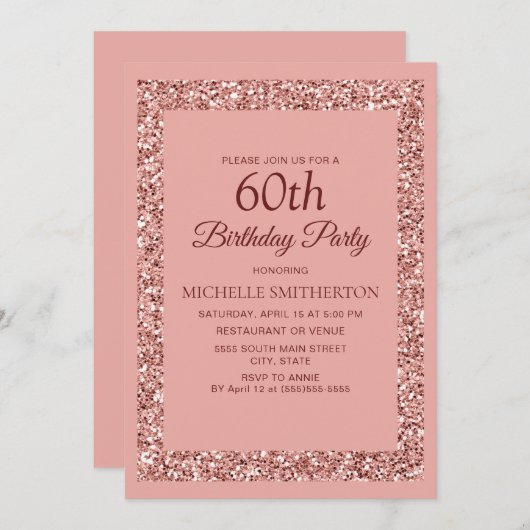 ピンクエレガントグリッタースパークルウィメンズ60誕生日 招待状 (正面/裏面)