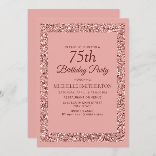 ピンクエレガントグリッタースパークルウィメンズ75誕生日 招待状 (正面/裏面)