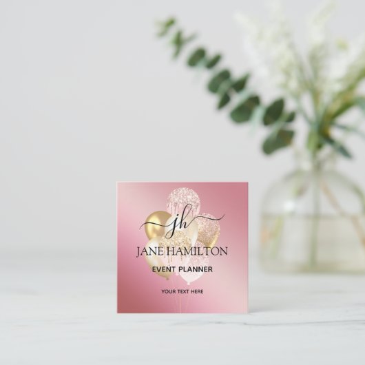 ピンクエレガントグリッターバルーン スクエア名刺 (スタンド正面)