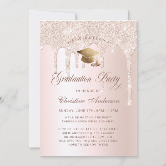 ピンクエレガントグリッター写真卒業パーティー 招待状 (裏面)