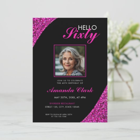 ピンクエレガントグリッター写真60誕生日 招待状 (スタンド正面)
