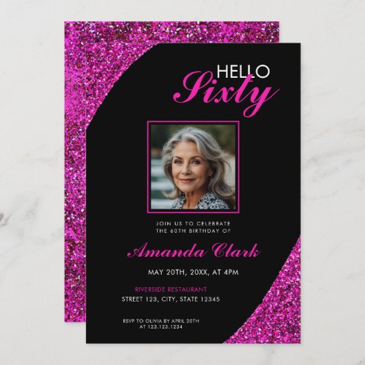 ピンクエレガントグリッター写真60誕生日 招待状 (正面/裏面)