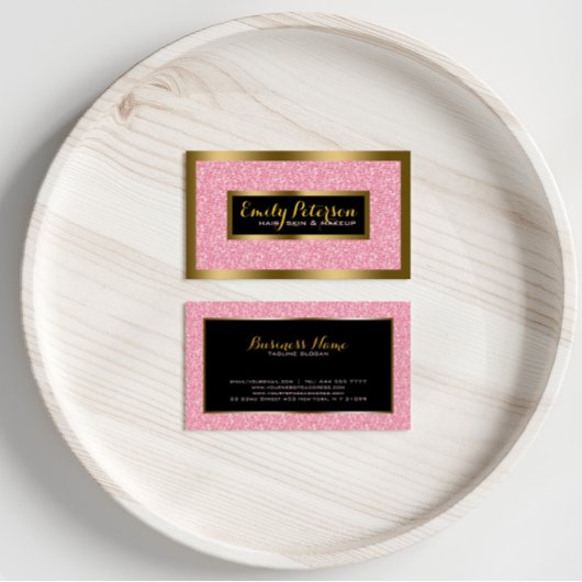 ピンクエレガントグリッター金ゴールドと黒アクセント 名刺
