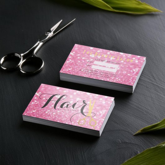 ピンクエレガントグリッター金ゴールドはさみ美容師 予約カード