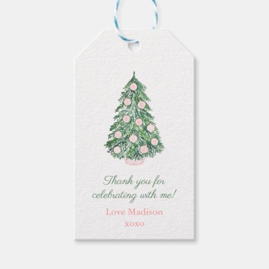 ピンクエレガントグリーンクリスマスブライダルシャワーのお願い ギフトタグ (正面)