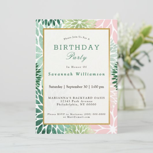 ピンクエレガントグリーンダリアフローラ誕生日パーティー 招待状 (スタンド正面)
