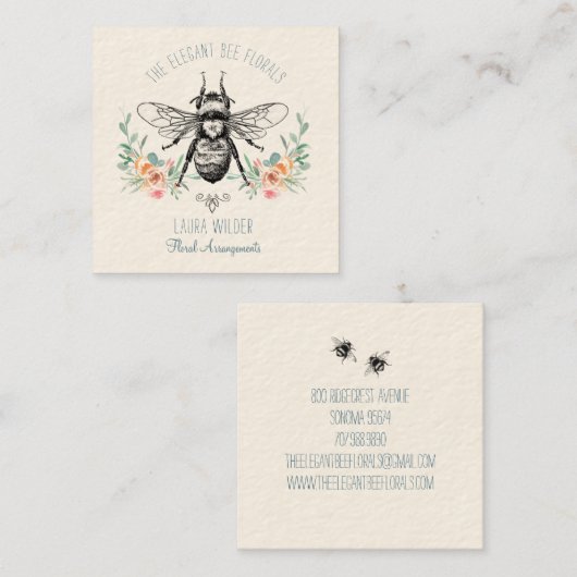 ピンクエレガントグリーンフローラビーフローリスト スクエア名刺 (正面/裏面)