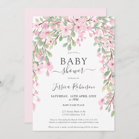 ピンクエレガントグリーンフローラ水色ベビーシャワー 招待状 (正面/裏面)