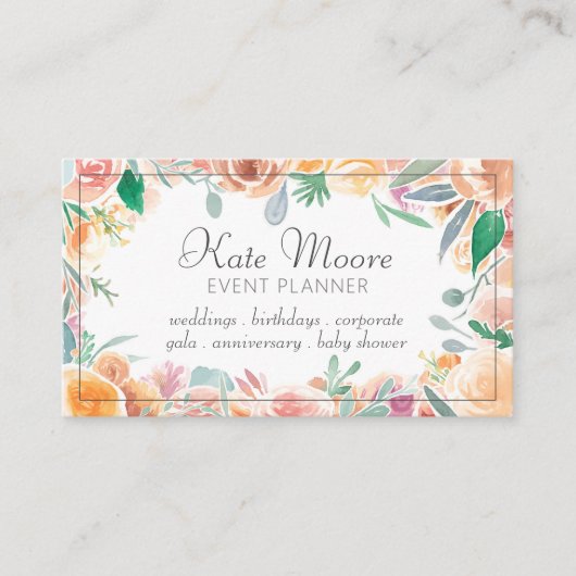 ピンクエレガントグリーンフローラ縁どイベントプランナー 名刺 (正面)