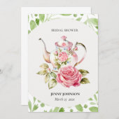 ピンクエレガントグリーンフローラ花ブライダルシャワー 招待状 (正面/裏面)