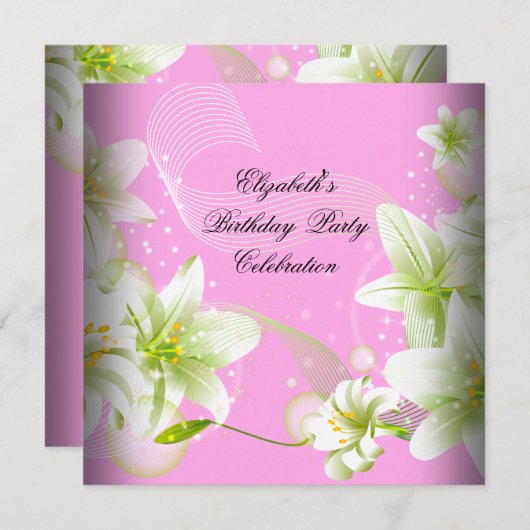ピンクエレガントグリーンホワイトフローラ誕生会 招待状 (正面/裏面)
