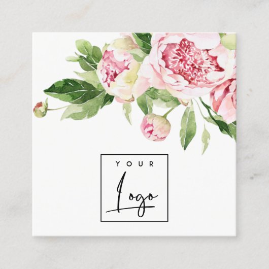 ピンクエレガントグリーン水彩牡丹フローラロゴ スクエア名刺 (正面)