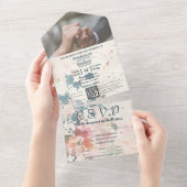 ピンクエレガントグリーン水色フローラQRコード写真 オールインワン招待状 (貼ってはがせる)