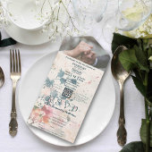 ピンクエレガントグリーン水色フローラQRコード写真 オールインワン招待状