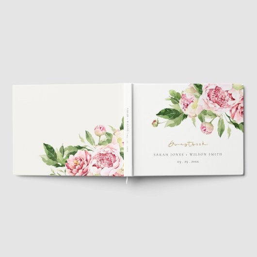 ピンクエレガントグリーン牡丹フローラ感謝してい結婚ズ ゲストブック (全面)