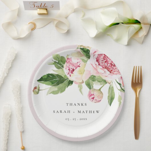 ピンクエレガントグリーン牡丹フローラ感謝してい結婚ズ ペーパープレート (ウェディング)