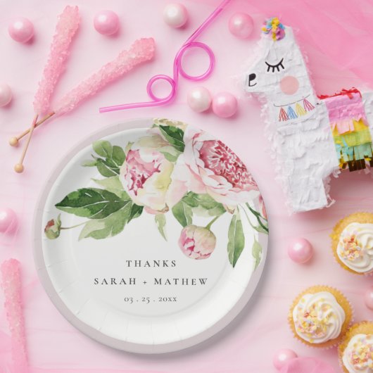 ピンクエレガントグリーン牡丹フローラ感謝してい結婚ズ ペーパープレート (パーティー)