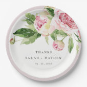 ピンクエレガントグリーン牡丹フローラ感謝してい結婚ズ ペーパープレート (正面)
