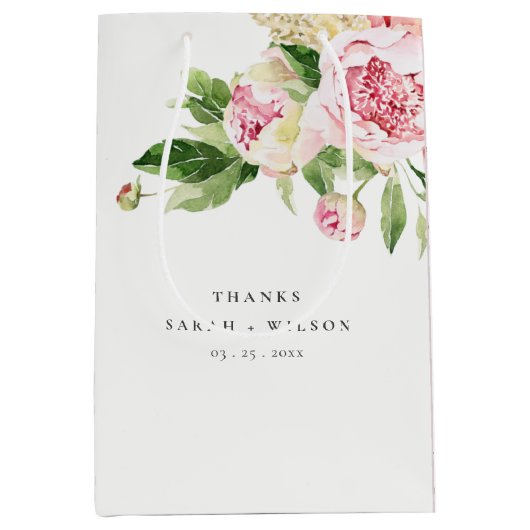ピンクエレガントグリーン牡丹フローラ感謝してい結婚ズ ミディアムペーパーバッグ (正面)