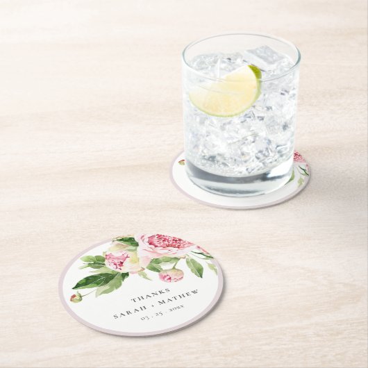 ピンクエレガントグリーン牡丹フローラ感謝してい結婚ズ ラウンドペーパーコースター (インサイチュ)