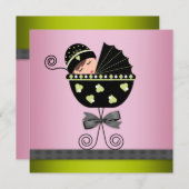 ピンクエレガントグリーン赤ちゃんガールシャワー 招待状 (正面/裏面)