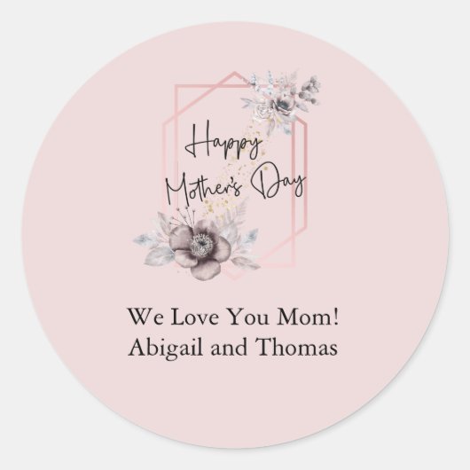 ピンクエレガントグレイフローラ母の日をパーソナライズ ラウンドシール (正面)