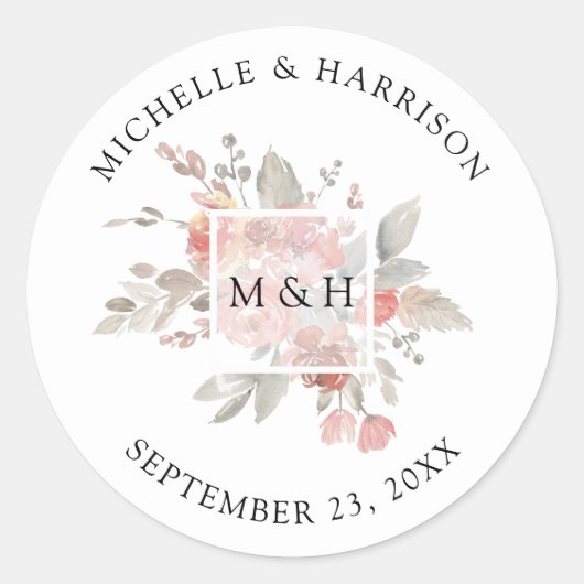 ピンクエレガントグレイフローラ水カラー封筒用シール ラウンドシール (正面)