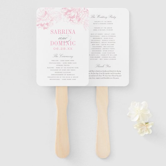 ピンクエレガントグレイフローラ牡丹結婚式 プログラム ハンドファン (正面&裏面)