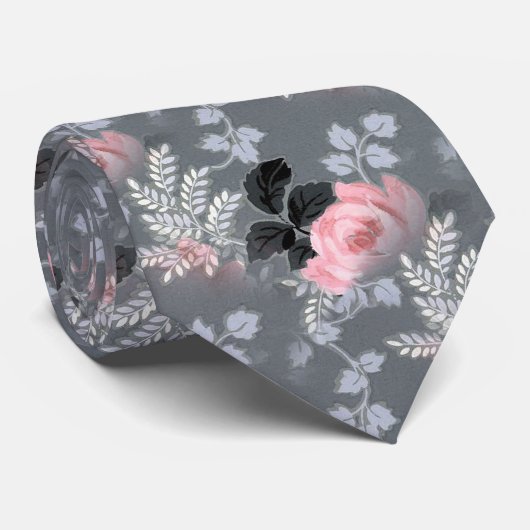 ピンクエレガントグレイヴィンテージフローラルパターン ネクタイ (ロール)