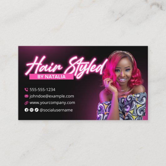 ピンクエレガントグロー美容師写真 名刺 (正面)