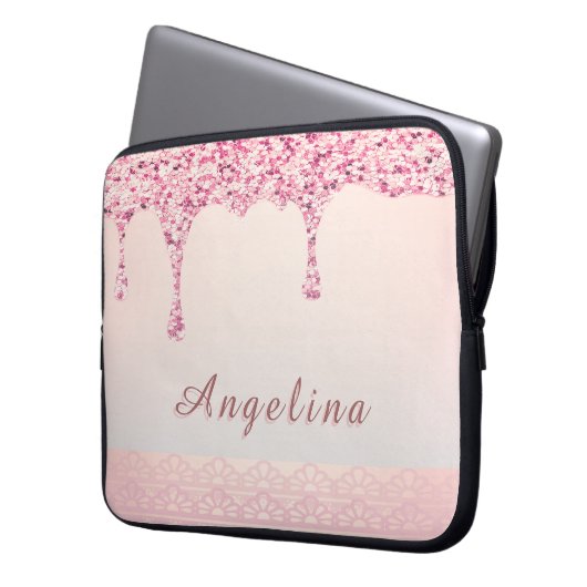 ピンクエレガントグームグリッタードリップレースブライダルシャワー ラップトップスリーブ (正面左)