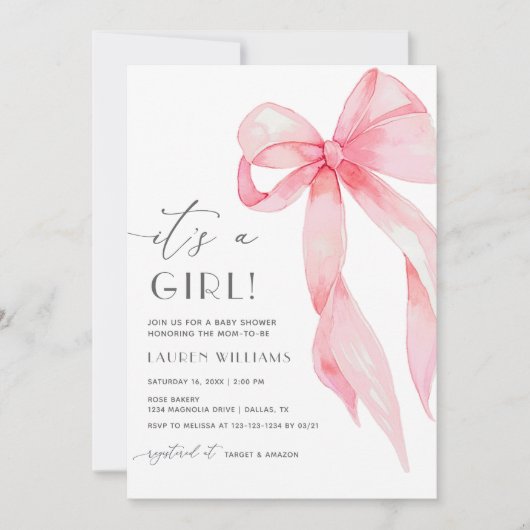 ピンクエレガントコケットが女の子の赤ちゃんシャワーをボウ 招待状 (正面)