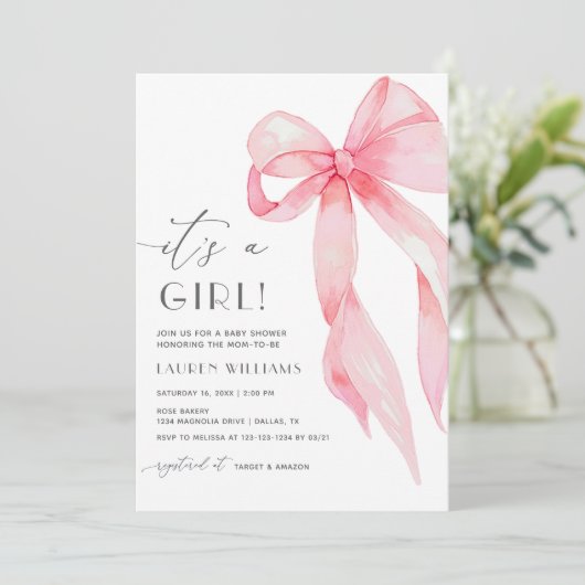 ピンクエレガントコケットが女の子の赤ちゃんシャワーをボウ 招待状 (スタンド正面)
