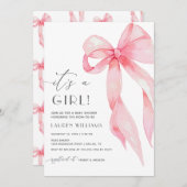 ピンクエレガントコケットが女の子の赤ちゃんシャワーをボウ 招待状 (正面/裏面)