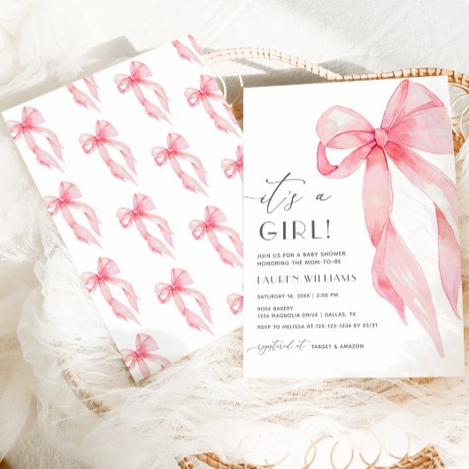ピンクエレガントコケットが女の子の赤ちゃんシャワーをボウ 招待状