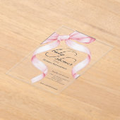 ピンクエレガントコケット弓女の子ベビーシャワー アクリル招待状 (レイダウン)