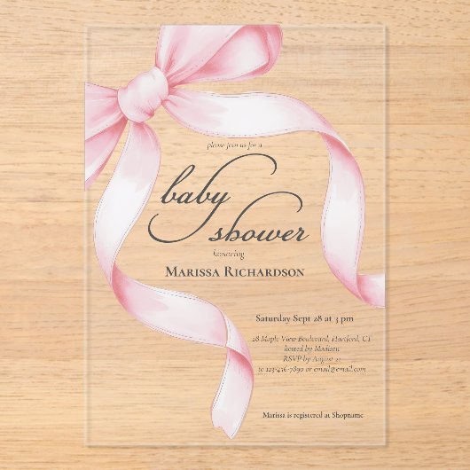 ピンクエレガントコケット弓女の子ベビーシャワー アクリル招待状 (正面)