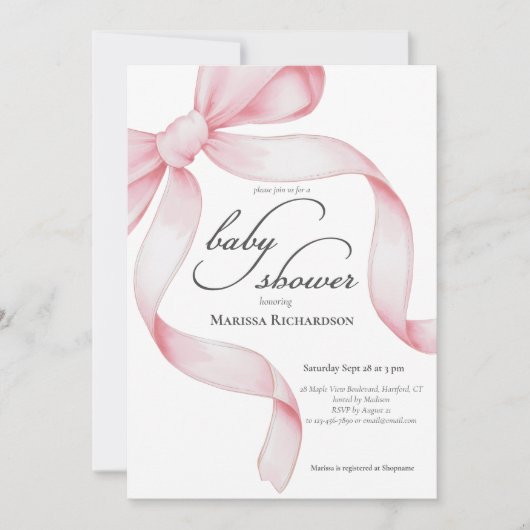 ピンクエレガントコケット弓女の子ベビーシャワー 招待状 (正面)