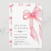 ピンクエレガントコケット弓最初の誕生日ガール 招待状 (正面/裏面)