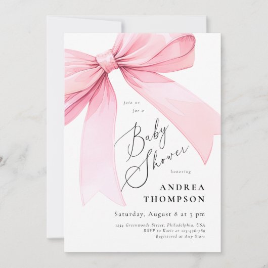 ピンクエレガントコケット弓赤ちゃんシャワーガール 招待状 (正面)
