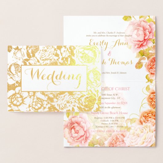 ピンクエレガントコーラルゴールドフォイルバラ結婚ズ 箔カード (ディスプレー)